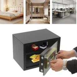 Pengeskabe^Elektronisk pengeskab - 22 L sikkerhedsboks - Alarm - Dobbeltlås - Vægmontering/fritstående - LED-display - Aftagelig hylde - Sort