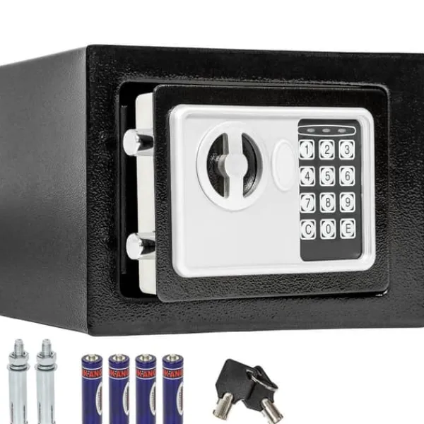 Pengeskabe^Elektronisk pengeskab 17x23x17cm + nøgle + 4 batterier - sort