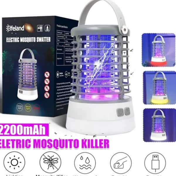 Insektmiddel & Dyreafvisende Middel^Elfeland 500-1000V Power Grid LED Elektrisk Mosquito Killer Light med UV-lys Myggefælde Udendørs IP65 Vandtæt USB Genopladelig (Grå / sort)