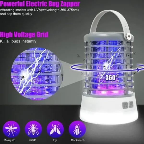 Insektmiddel & Dyreafvisende Middel^Elfeland 500-1000V Power Grid LED Elektrisk Mosquito Killer Light med UV-lys Myggefælde Udendørs IP65 Vandtæt USB Genopladelig (Grå / sort)