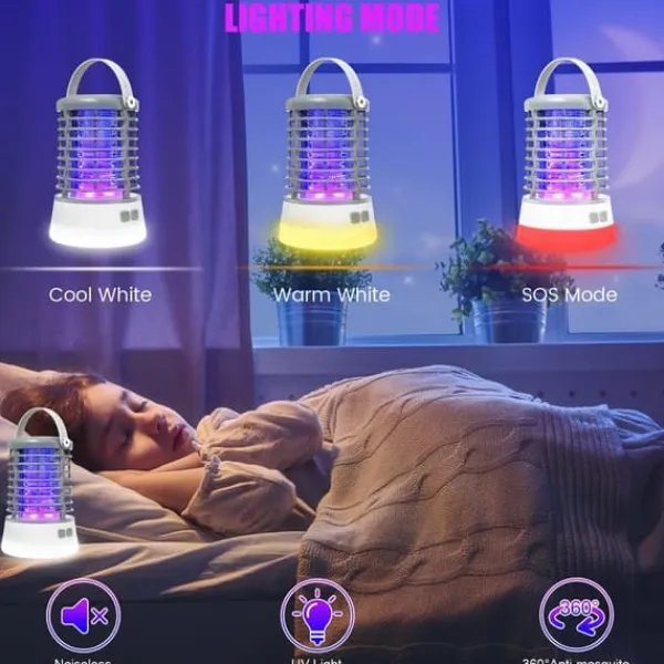 Insektmiddel & Dyreafvisende Middel^Elfeland 500-1000V Power Grid LED Elektrisk Mosquito Killer Light med UV-lys Myggefælde Udendørs IP65 Vandtæt USB Genopladelig (Grå / sort)
