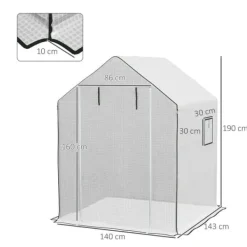 Drivhus^Erstatningsfolie PE 140x143x190 cm, UV-beskyttelse, rulleport & sidevinduer – til drivhus/tomathus, hvid