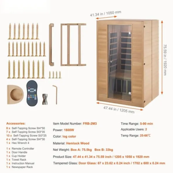 New Far Infrarød Træ Sauna, Hjemmespa til 2 Personer, 1800W, Hurtig Opvarmning, Digital Temperaturkontrol, Wellnessoplevelse Sauna