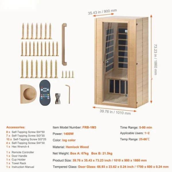 Best Far Infrared Træ Sauna 1-2 Personer, 1400W, Hjemmespa, Energibesparende, Hurtig Opvarmning Sauna