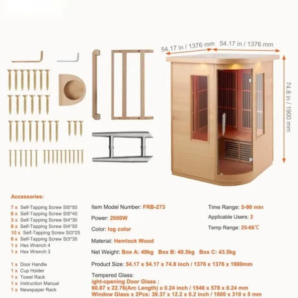 New Far Infrared Træ Sauna til Hjemmet, Spa til 2 Personer, 1850W, Effektiv og Energibesparende Sauna