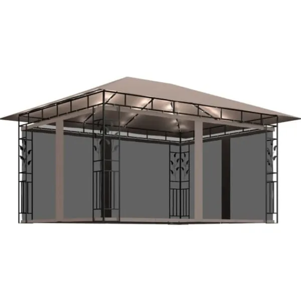 New Festtelte & havepavilloner - Living pavillon med myggenet + LED-lyskæder 4x3x2,73 m gråbrun Telte & Lysthuse