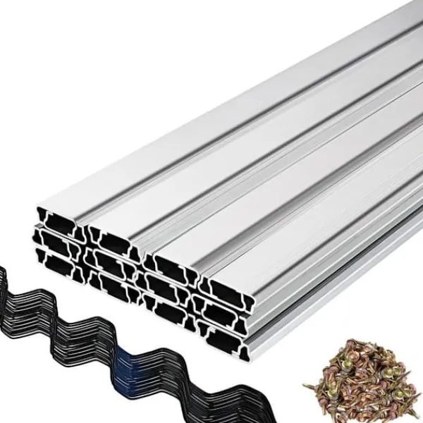 Drivhus^Fjedertråd og låsekanal, 6,56 fod fjederlås & U-kanel til drivhus. 50 pakker PE-belagt fjedertråd og aluminiumsender. Polyfilm og skyggeudstyr.