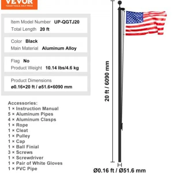 Discount Flagstangssæt, 609 cm, Sort, Aluminiumlegering Flag & Vindposer