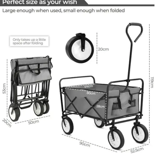 Online Foldbar havevogn - Transportvogn/trækvogn - Bæreevne 80 kg - Volumen 110 L - Gummihjul, stålramme - Foldemål 76x51x20 cm - Grå Haveværktøj