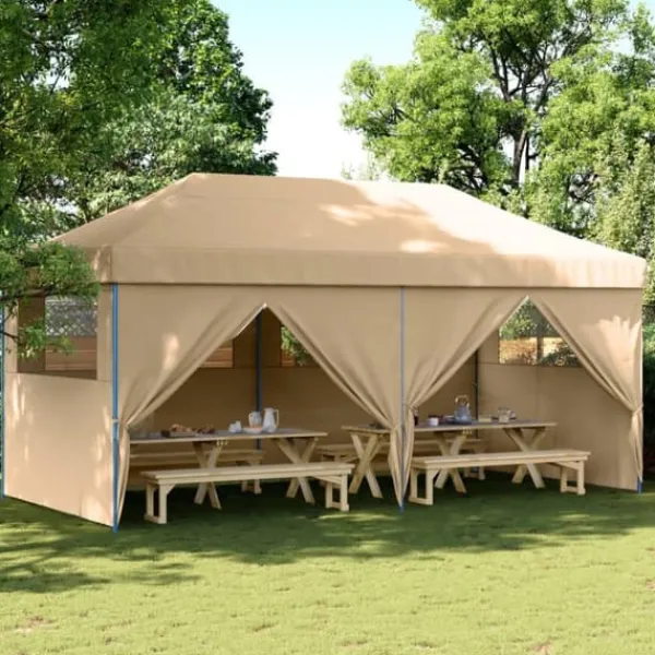 Telte & Lysthuse^Foldbart pop-up festtelt med 4 sidevægge | Farve: Beige | Størrelse: 3x3 m
