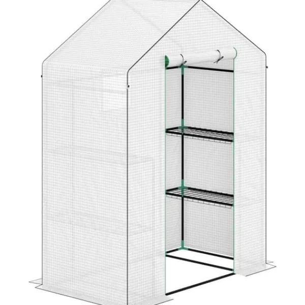 Online Foliedrivhus 143x74x190 cm med rulleport, vinduer & hylder, hvid Drivhus