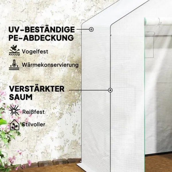 Online Foliedrivhus 143x74x190 cm med rulleport, vinduer & hylder, hvid Drivhus