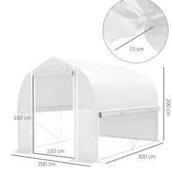 Drivhus^Folietunnel 3x2x2 m med dør & 4 vinduer, opklappelige sider, galvaniseret stål, UV-bestandig, hvid