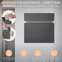 Ecd-Germany Postkasser & Brevindkast^Fritstående brevkasse med avisrum 37 cm antracit inkl. stativ 120 cm højt Fritstående brevkasse sølv