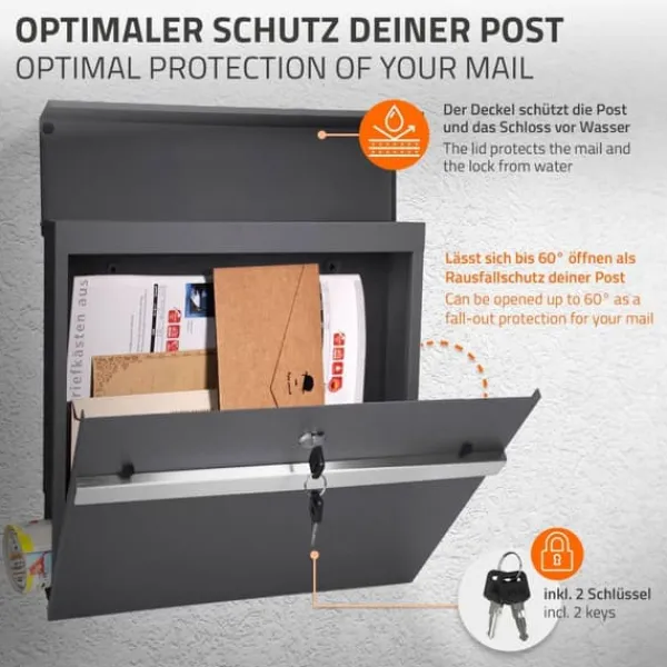 Ecd-Germany Postkasser & Brevindkast^Fritstående brevkasse med avisrum 37 cm antracit inkl. stativ 120 cm højt Fritstående brevkasse sølv