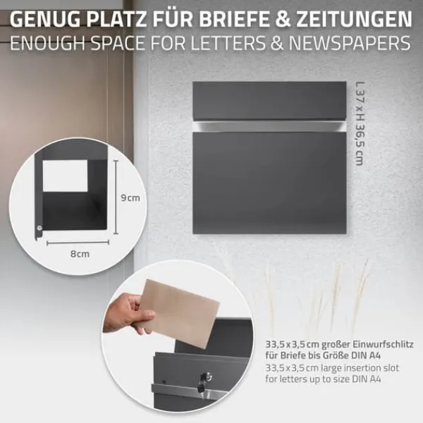 Ecd-Germany Postkasser & Brevindkast^Fritstående brevkasse med avisrum 37 cm antracit inkl. stativ 120 cm højt Fritstående brevkasse sølv