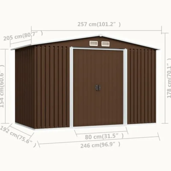 New Förvaringsbod i metall - Robust och ventilerad redskapsbod | Färg: Brun | Storlek: 257x205x178 cm Skure, Garager & Carports