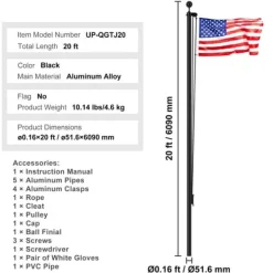 20FT Aftageligt Flagstangssæt, Heavy Duty Aluminium, Sort Flagstang, Holdbar Kvalitet, Let At Montere Flag & Vindposer