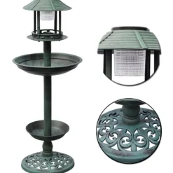 Til Fugle & Småvildt^Fuglebad med solcellelampe - Dekorativt foderbræt | Farve: Grå | Størrelse: 50x50x100 cm
