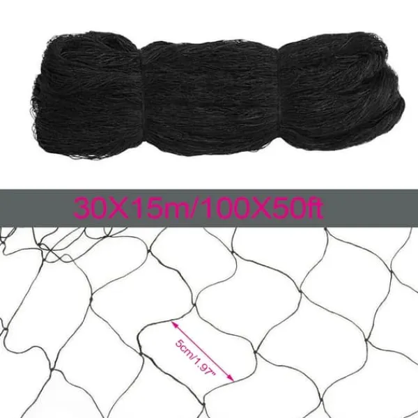 Outlet Fuglenet - Beskyttelsesnet - 30×15 m - Maskestørrelse 5 cm - Polyester - Til frugttræer, have og frugtplantage - Sort Haveduge