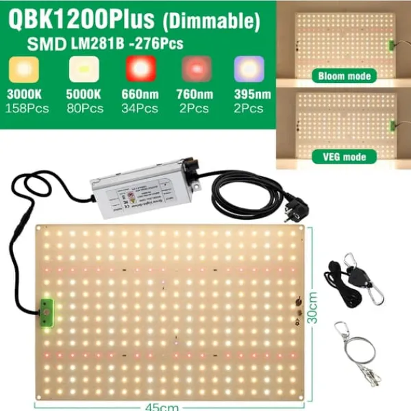 Kit Til Plante- & Urtedyrkning^Fuldspektret LED vækstlys, 3000K/5000K farvespektrum, dæmpbar ydeevne,QBK1200Plus