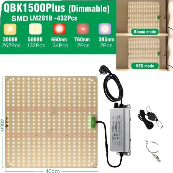 Clearance Fuldspektret LED vækstlys, dæmpbart, effektiv varmeafledning,QBX1500Plus, EU Kit Til Plante- & Urtedyrkning