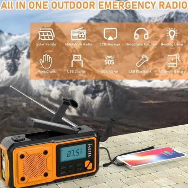 Beredskabsplaner^Fuleadture håndsvingradio 4000mAh, AM/FM/SW vejrradio, solcelle krumtapradio, SOS og lommelygte til nødsituationer