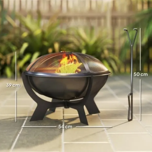 New Fuleadture Ildskål Ø54cm Metal Ildskål med Gnistbeskyttelse, Schürhake og håndtag til udendørs, BBQ, Sort Tilbehør Til Brændeovne & Pejse