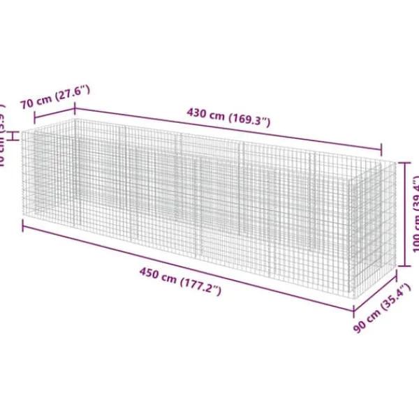 Hot Gabion-højbed i galvaniseret stål - Stabilt og holdbart | Størrelse: 450x90x100 cm Plantningsbænke