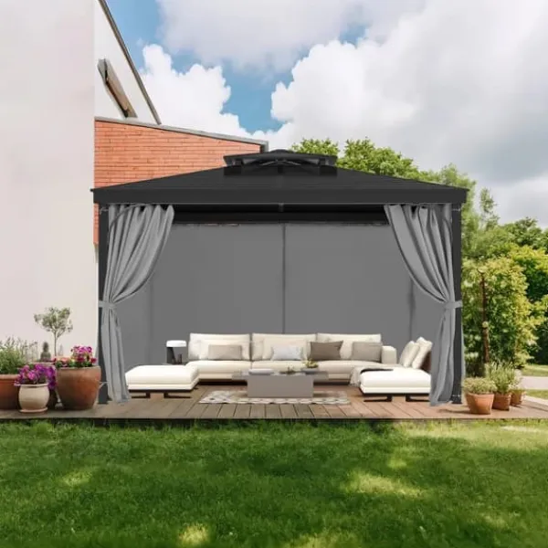 Telte & Lysthuse^Gazebo Privatliv Gardin, 12' x 10' x 6,7', Vandtætte Gazebo Gardiner, Grå