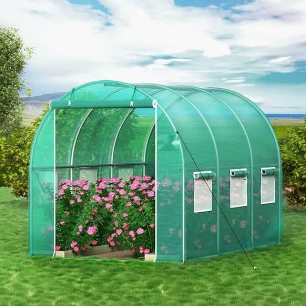 Drivhus^Gå-inde Tunnel Drivhus, 10 x 7 x 7 fod, bærbart med galvaniserede stålbøjler, lynlåsdør og 6 vinduer, ideelt til planter.