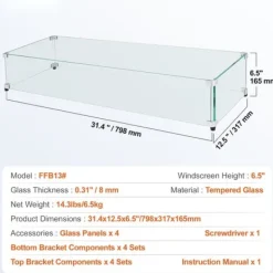 Tilbehør Til Brændeovne & Pejse^Glasvindafskærmning til bålbord 798 x 317 x 165 mm, robust hærdet glas, aluminiums hjørner, gummifødder, nem at samle.