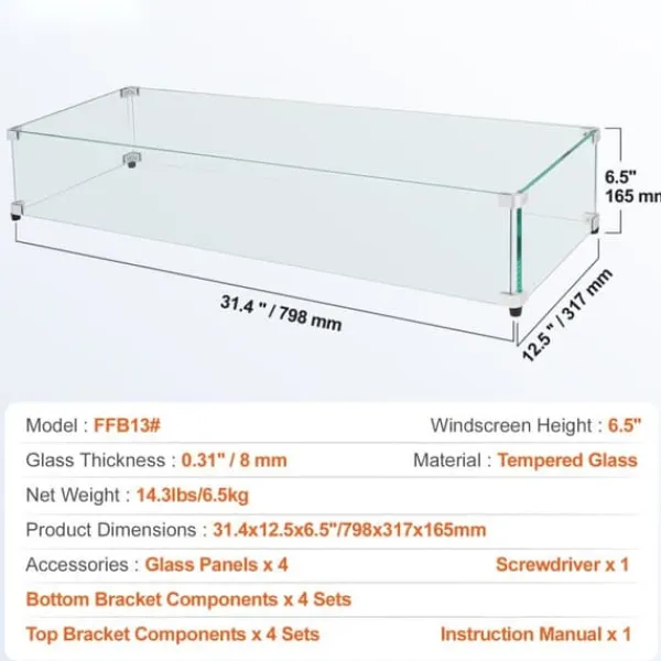 Tilbehør Til Brændeovne & Pejse^Glasvindafskærmning til bålbord 798 x 317 x 165 mm, robust hærdet glas, aluminiums hjørner, gummifødder, nem at samle.
