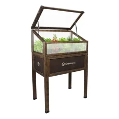 Drivhus^Greenspot Mini Drivhus med Overdækning til Altan og Terrasse 80x45x120 cm - Drivhus på en træplatform, Hævet træbed, Kold ramme med overdækning på høj | CDON