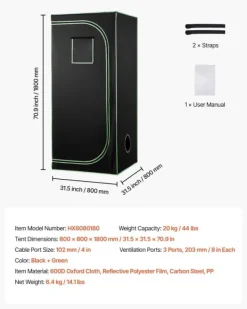 Discount Growtelt - Indendørs Plantetelt - 80 x 80 x 180 cm - 600D Højreflekterende Mylar - Observationsvindue - Gulvbakke - Robust Lynlås Drivhus