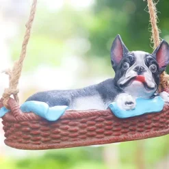 Best Havehundestatue Udendørs Harpiks Gynge Ornament Hængende Dekoration Hjem Bulldog Dyr Gave Sort Havedekorationer