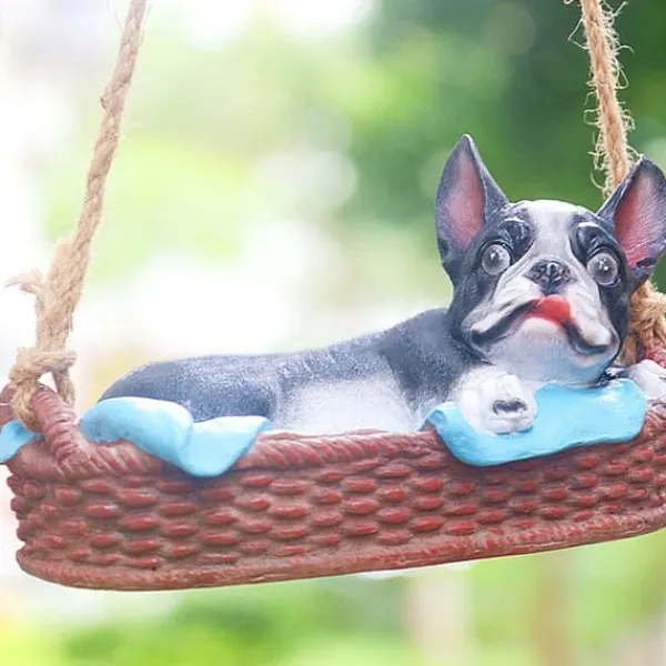 Best Havehundestatue Udendørs Harpiks Gynge Ornament Hængende Dekoration Hjem Bulldog Dyr Gave Sort Havedekorationer
