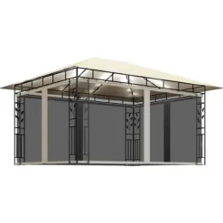 Telte & Lysthuse^Havemøbler pavillon med myggenet og solcelledrevne LED-lys | Farve: Creme | Størrelse: 4x3x2,73 m