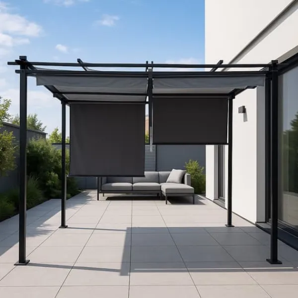 Buer, Spalier, Lysthuse Uden Tag^Havepergola 3x4 m stål 2,4 m vandtæt med 4 sidemarkiser