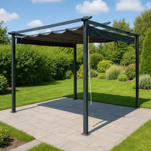 Buer, Spalier, Lysthuse Uden Tag^Havepergola 3x4 m stål 2,4 m vandtæt med 4 sidemarkiser