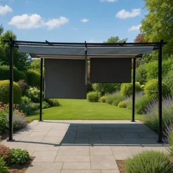Buer, Spalier, Lysthuse Uden Tag^Havepergola 3x4 m stål 2,4 m vandtæt med 4 sidemarkiser