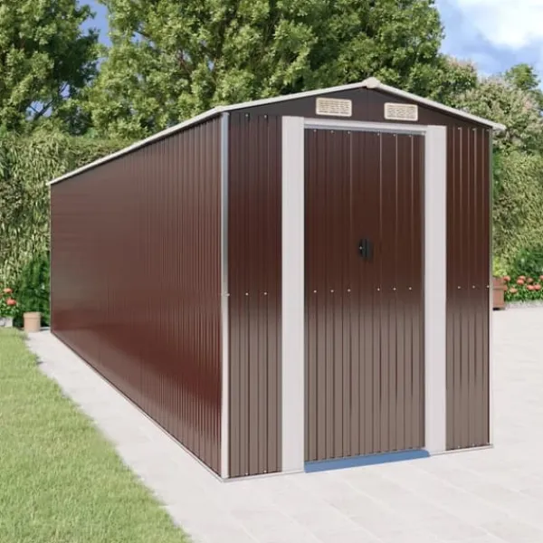 Skure, Garager & Carports^Haveskur i galvaniseret stål - Rummelig opbevaring | Farve: Mørkebrun | Størrelse: 192x689x223 cm