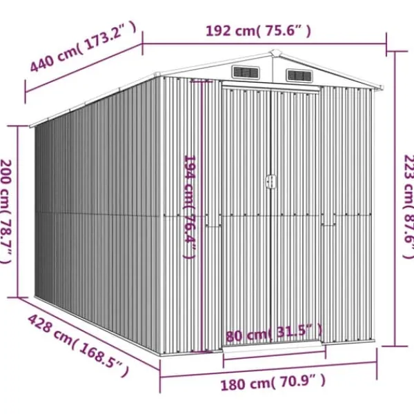 Skure, Garager & Carports^Haveskur i galvaniseret stål - Rummeligt opbevaringsskur | Farve: Lysebrun | Størrelse: 192x440x223 cm