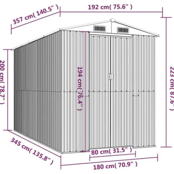 Skure, Garager & Carports^Haveskur i galvaniseret stål - Rummelig opbevaringsløsning | Farve: Antracitgrå | Størrelse: 192x357x223 cm