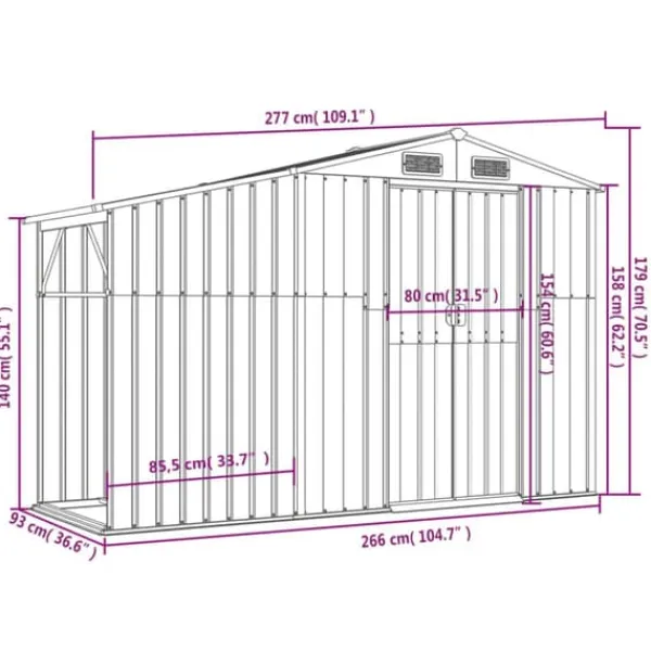 Skure, Garager & Carports^Haveskur i galvaniseret stål - Multiskur til værktøjer | Størrelse: 277x93x179 cm | Farve: Grå