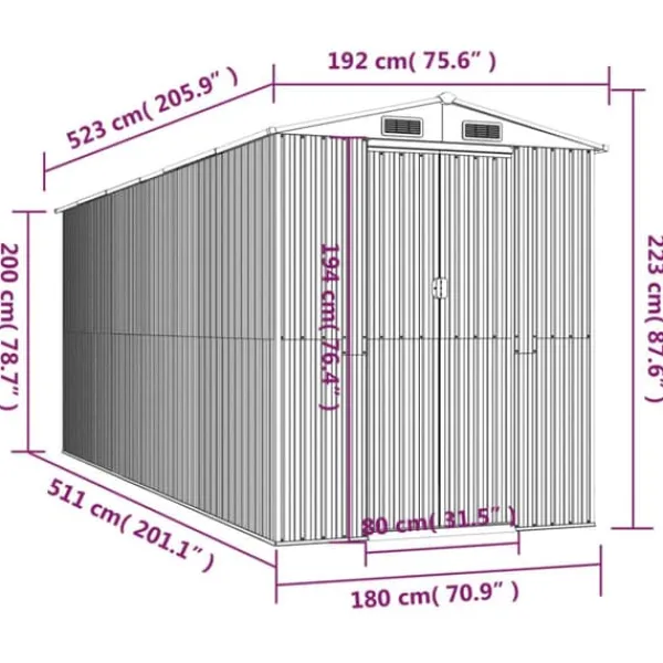 Skure, Garager & Carports^Haveskur i galvaniseret stål - Rummeligt og holdbart | Størrelse: 192x523x223 cm | Farve: Mørkebrun