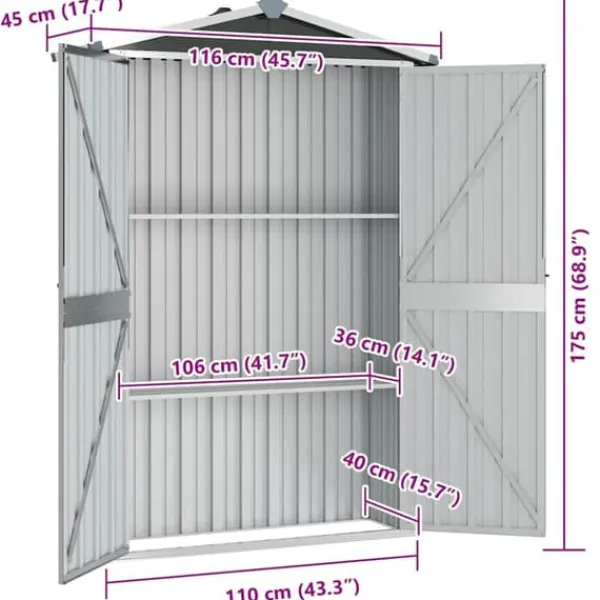 Haveskur i galvaniseret stål - Opbevaringsskur | Farve: Antracitgrå | Størrelse: 116x45x175 cm Skure, Garager & Carports