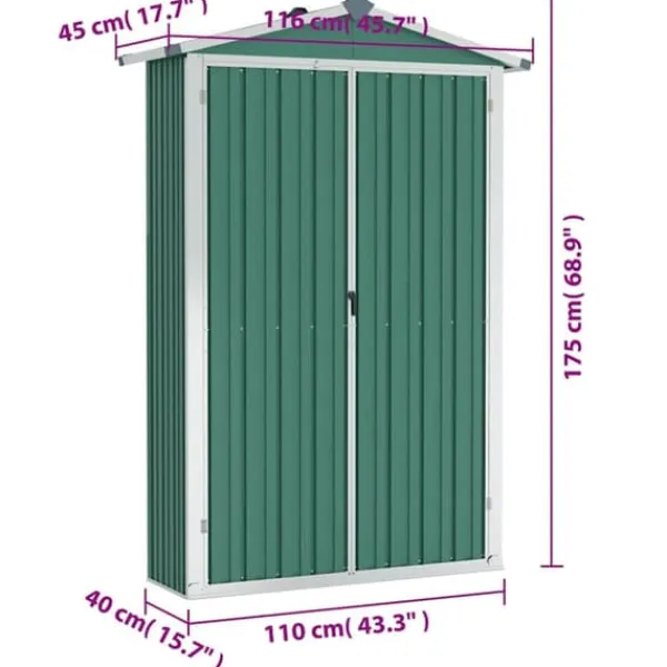 Skure, Garager & Carports^Haveskur i galvaniseret stål - Opbevaringshus | Farve: Grøn | Størrelse: 116x45x175 cm