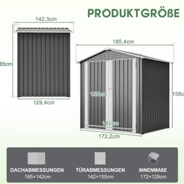 Clearance Haveskur i metal 142 x 185 cm, grå – aflåselig dør, ventilationshul, inkl. metalbund, vejrbestandig til haveredskaber Skure, Garager & Carports