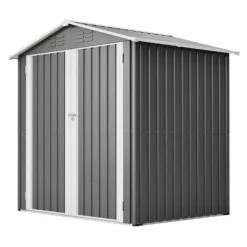Clearance Haveskur i metal 142 x 185 cm, grå – aflåselig dør, ventilationshul, inkl. metalbund, vejrbestandig til haveredskaber Skure, Garager & Carports